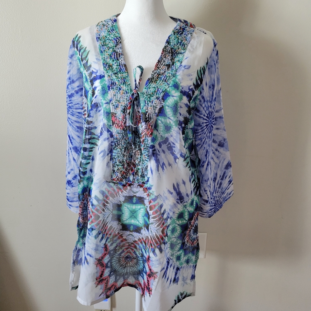 Raviya Blue and Green Tie-Dye Tunic Med